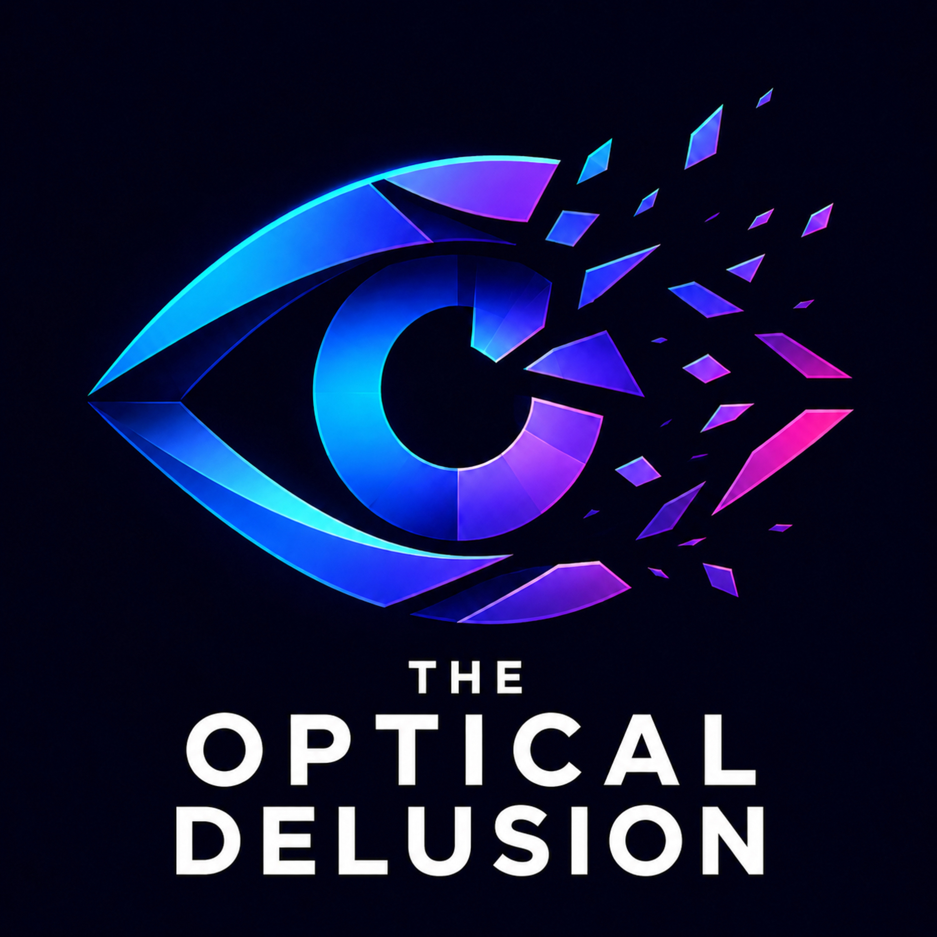The Optical Delusion podcast cover, showing a blue and purple eye breaking into fragments
